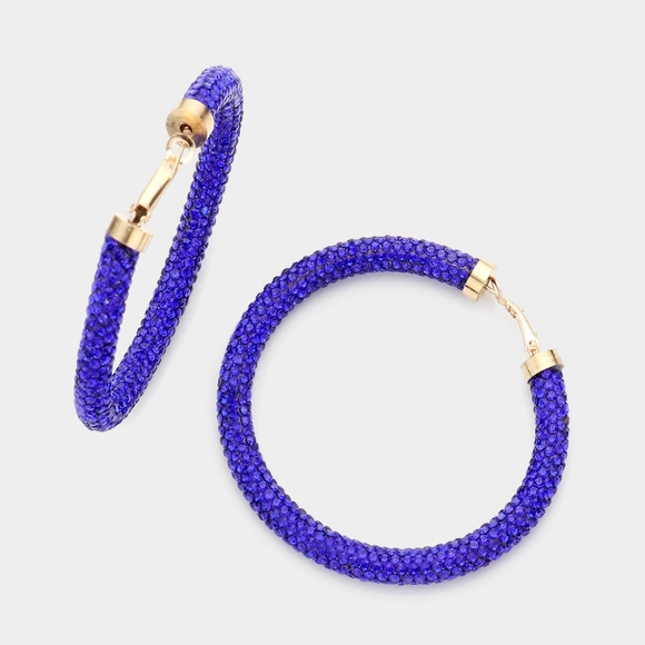 Gold Blue Stone Detail 2.5" Rhinestone Hoop Crystal Pave Round Bling Sparkling - Picture 1 of 3